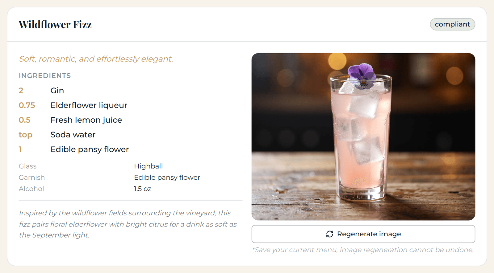 MenuCraft signature cocktail menu builder showing a generated drink card