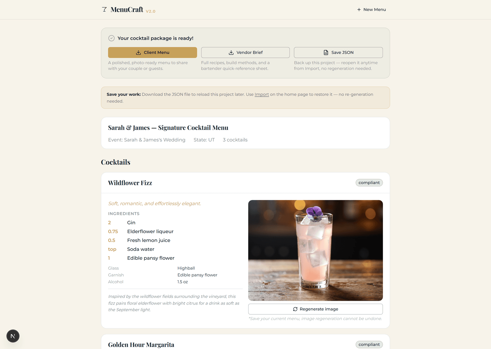 MenuCraft client-ready cocktail menu results page